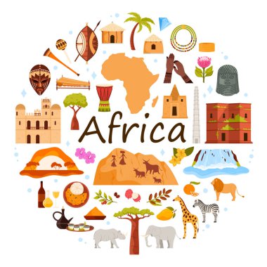Afrika 'ya seyahat, Afrika kültür elementleri ve yiyecek, Afrika kıtasının işaretleri ve haritası yuvarlak bilgi pankartıyla. Manzaralar ve hayvanlar, Afrika 'nın karikatür vektör illüstrasyonu başlığıyla daire içinde.