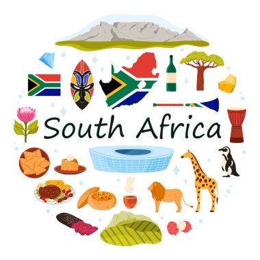 Güney Afrika 'nın kültür unsurları, doğası ve simgesi bilgi pankartı. Cape Town Stadyumu, Masa Dağı ve Zulu Maskesi, Vuvuzela borusu ve Jembe davulu, Protea çiçek karikatürü vektör çizimi