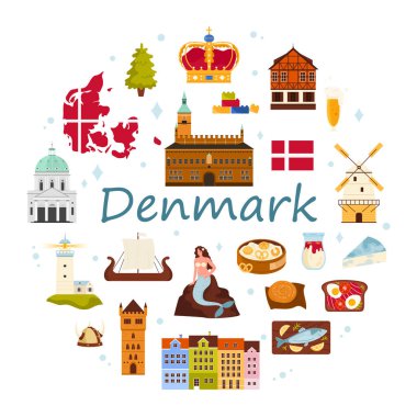 Danimarka 'ya gidin, yuvarlak pankart ya da poster tasarımı. Bayrak desenli Danimarka haritası ve Danimarka 'nın ünlü kültür sembolleri, kralların taç ve miras mimarisi, daire şeklindeki çizim vektör illüstrasyonunda yiyecek