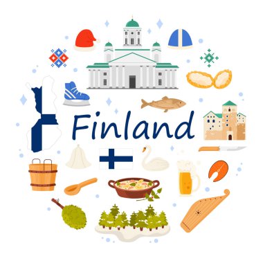 Finlandiya 'ya seyahat, Laponya' nın kültür unsurları ve karı, Helsinki 'nin simgeleri ve yuvarlak bilgi pankarında bulunan yiyecekler. Finlandiya Ulusal Tiyatrosu ve Kantele, ahşap kova çizgi film çizimi