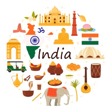 Hindistan 'a seyahat, kültür unsurları ve simgeler, başlıklı yuvarlak bilgi pankartıyla yiyecekler. Ülke ve mimari haritası ve bayrağı, daire şeklindeki vektör illüstrasyonunda namaste selamlaması
