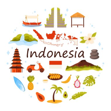 Endonezya seti, kültür unsurları ve Hindu tapınağı, doğa ve mimarinin yuvarlak bilgi pankartıyla simgeleri. Endonezya bayrağı ve haritası, tropik cennet karikatür vektör çizimi