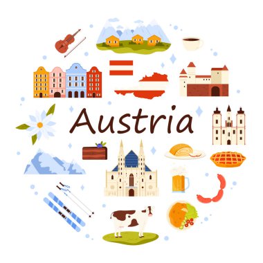 Kültür elementleri ve doğa manzarası, Avusturya 'nın gıdası, yuvarlak bilgi pankartı tasarımı. Waffle ve Sacher keki, sosis ve bira, Alp köyü ve şatosu çizgi film çizimleri.