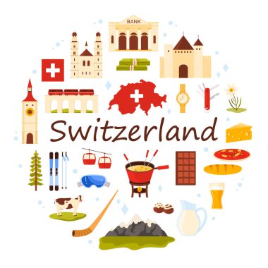 Yuvarlak afiş tasarımı ile İsviçre 'ye git. Kale kuleleri ve köprü, çikolata ve İsviçre çakısı, kültür amblemleri ve mimarisi, çizgi film çizimleri içinde Alpler dağları