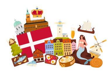Danimarka 'ya seyahat, ulusal kültür ve yiyecek, bilgi kolajının dönüm noktası. Danimarka ülkesinin turistler, bayrak ve denizkızları için ünlü unsurları, Kopenhag çizgi film çizim resimlerinin renkli evleri