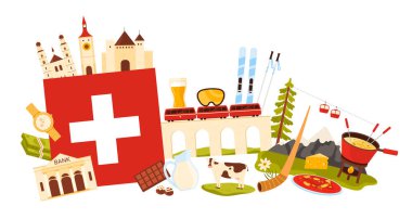 İsviçre 'ye seyahat, kültür elementleri ve simgeler, bilgi kolajında yiyecek ve tatlılar. İsviçre bayrağı ve kol saatleri, Chillon Kalesi, dağ manzarası ve inek çizgi film çizimi.