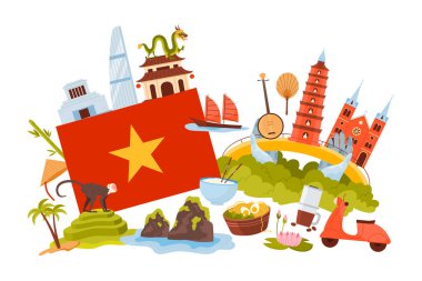 Vietnam 'a seyahat, geleneksel Vietnam kültür sembolleri, şehir simgeleri ve yiyecekler, bilgi kolajında doğa. Ülke bayrağı ve Altın Köprü, Thien Mu Tapınağı çizgi film çizimi