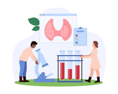 Tiroid bezi kan testi yapan küçük insanlar, laboratuvar araştırmaları ve tıbbi teşhislere odaklanarak, endokrin sağlık vektörü çizimlerini vurguluyorlar..