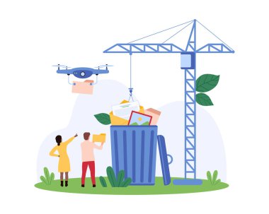 Küçük insanlar çöp öğütücüsünü vinçle büyük bir çöp kutusuna dökerken İHA da yardım ediyor. Çevresel temizlik ve geri dönüşüm sahne vektörü çizimi.