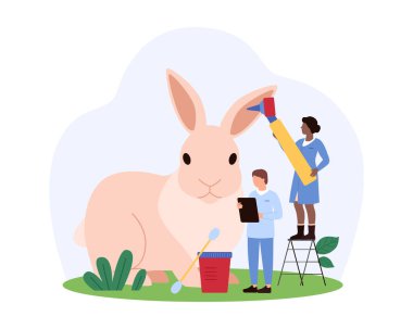 Küçük insanlar dev bir tavşana kulak kontrolü yapıyorlar. Büyük tıbbi aletler kullanıyorlar. Veterinerlik hizmetini ve takım çalışması vektör çizimini temsil ediyorlar..