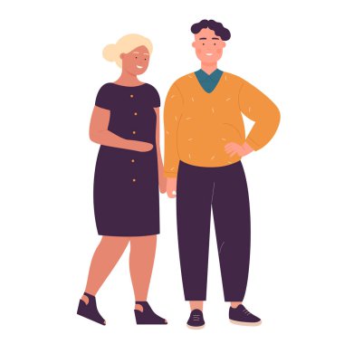 Aşırı kilolu çift, farklı vücut tipleri ve çağdaş moda tercihlerini tasvir ediyor. Kadın partnerinin kolunu tutuyor. İkisi de içten bir şekilde gülümsüyor..