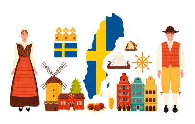 İsveç kültürü, geleneksel kıyafetler ve sembolik semboller. İsveç bayrağı, Viking gemisi, yel değirmeni, kırmızı evler ve geleneksel yemek, vektör illüstrasyon konsepti