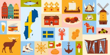 İsveç kültürünü, simgelerini ve geleneklerini gösteren detaylı bir kolaj. İsveç bayrağı, geleneksel yiyecekler, Viking mirası, Dala atı, ve ikonik simgeler, vektör illüstrasyon.