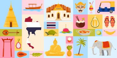 Tayland kültürünün ve geleneklerinin özünü yansıtan renkli bir kolaj. Simgesel simgeler, geleneksel yiyecekler, tropikal meyveler, Tayland mimarisi, ve ulusal semboller, vektör illüstrasyonu.