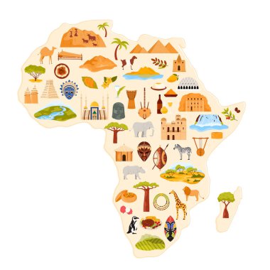 Afrika 'ya seyahat, kültür elementleri ve yiyeceklerle stilize edilmiş harita, Afrika kıtasının simgeleri. Sahra Çölü ve Nil nehri manzarası, şelale ve savana, cami karikatürü vektör çizimi
