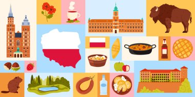 Collage showcasing Poland cultural landmarks, traditional food, and natural symbols. Vibrant depiction of Poland heritage and diverse traditions, vector illustration. clipart