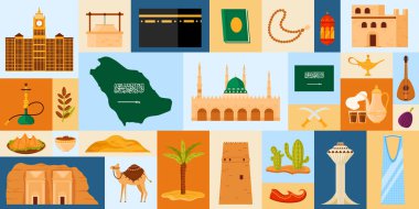 Suudi Arabistan simgelerinin, kültürel sembollerin ve geleneklerin yer aldığı kolaj. Suudi mirası ve İslam tarihi illüstrasyonunun canlı bir tasviri.
