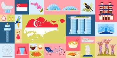Canlı bir kolaj Singapur simgelerini, kültürel mirası ve geleneksel mutfağı sergiliyor. Ayrıntılı ögeler arasında ünlü çekimler ve yerel semboller vektör illüstrasyonu yer almaktadır.