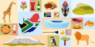Güney Afrika vahşi yaşamı, mutfağı, simgesel simgeleri ve kültürel sembolleri içeren canlı bir kolaj. Ülkenin doğal güzelliğini ve miras vektör illüstrasyonunu vurguluyor.