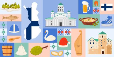 Finlandiya Geometrik Sancak Tasarımı 'na Finlandiya kültürünün unsurları, simgeleri ve yiyeceklerle seyahat edin. Ülke bayrağı, bira ve somon, tiyatro ve katedral binaları karikatür vektör illüstrasyonlu harita