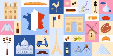 Fransız simgelerini ve yiyecek, mimari ve semboller gibi kültürel unsurları vurgulayan vektör çizimi. Fransa 'nın eşsiz kimliğini temsil ediyor.