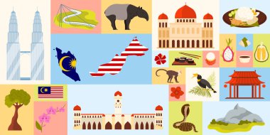 Malezya 'ya seyahat, Geometrik bilgi pankartı tasarımı, Malezya kültürü ve yiyeceği, simgeler. Ülke bayrağı, tarih binaları ve durian, amber ve ağaç karikatür vektör çizimi haritası
