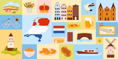 Hollanda 'ya seyahat, Hollanda kültür unsurları, simgeler ve yiyeceklerle geometrik pankart tasarımı. Hollanda mimarisi, harita ve bayrak, kroket kasesi ve balık, peynir ve bira çizgi film çizimi