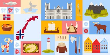 Norveç 'e seyahat, geometrik bilgi pankartı tasarımı, Norveç kültürü, simgeleri ve yiyeceği ile birlikte. Ülke bayrağı, silah ve gemi haritası, Viking miğferi ve ahşap kilise karikatür çizimi.