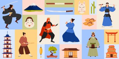 Bu canlı ve ilgi çekici illüstrasyonda bir samuray, geleneksel Japon eşyaları ve kültürel semboller vektör illüstrasyonu sergileniyor. Japon ulusal kimliğini temsil ediyor..