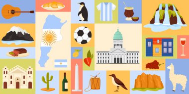Arjantin 'in simge simgelerini gösteren vektör çizimi, kentin simgeleri, yiyecekler ve geleneksel elementler de dahil. Arjantin kültürel zenginliğini yansıtıyor.