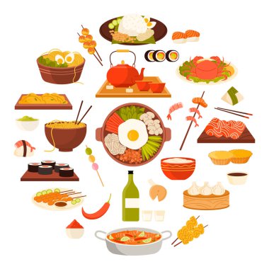 Asya yemekleri, Japon ve Çin yemekleri, Tayland ve Kore yemekleri, Malezya mutfağı yuvarlak bilgi pankartı. Ramen ve Tom Yam çorbası, suşi ve hamur köftesi, daire şeklindeki vektör çizimi Hot Pot.