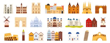 Mimari simgelerin ve simgesel yapıların çeşitli ülkeleri ve tarihi dönemleri temsil eden düz bir çizgi film tarzında toplanması