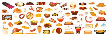 Dünyanın farklı gıdaları. Değişik etnik mutfaklar geleneksel yemek çeşitleri, barbekü sosisleri ve somon, lazanya ve kızarmış hindi, biftek çizgi film çizimleri.