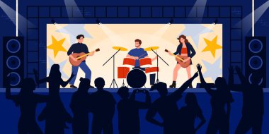 Konser, müzik festivali, rock grubunun sahnede konser vermesi. Gitaristler ve davulcu grubu, seyircilerin siluetleri önünde müzik çalıyorlar. Kalabalık, vektör çizimleri yapıyor.
