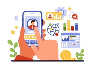 Sosyal medya analizleri, CRM sistemi. Mobil ekran vektör illüstrasyonunda uygulamada dijital analiz infografik sosyal medya kampanya performansı için akıllı telefonu tutan kullanıcı eli