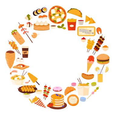 Dairesel bir düzende çeşitli yiyecekler. Düzenlemede suşi, taco, pizza, patates kızartması, hamur köftesi, burrito, şiş, hamburger, sosisli sandviç ve gözleme vektör çizimi gibi şeyler yer alıyor.