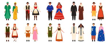 Farklı ülkelerin geleneksel kostümlü insanları. Nijerya, Romanya, Meksika, Almanya, Tayland, Avusturya, Etiyopya, Güney Kore karikatür çizimi