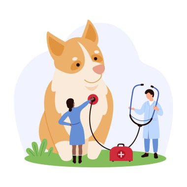 Minik insanlar dev bir köpeğe steteskop kullanarak kalp kontrolü yapıyorlar. Veteriner bakımını ve hayvan sağlığı illüstrasyonunda takım çalışmasını vurguluyorlar..