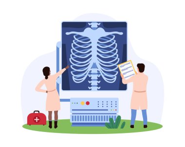 Büyük bir X-ray cihazı kullanarak, tıbbi tanı ve takım çalışması çizimlerini vurgulayan küçük insanlar röntgen taraması yapıyorlar..