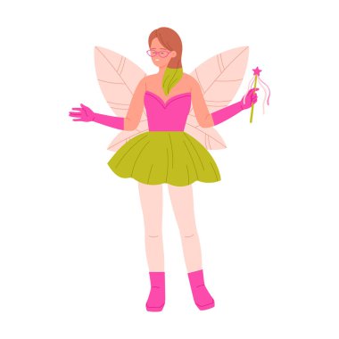 A whimsical fairy adorned in bright pink and green attire, fully embodying magic, charm, and enchantment