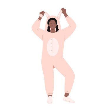 A joyful individual dancing happily in a cozy pink bunny onesie, radiating pure happiness and endless fun
