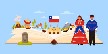 Şili 'ye seyahat, açık dev bir kitapla bilgi kolajı, doğa, kültür unsurları ve yiyeceğin turistik cazibesi. Geleneksel kostümlü Şilili erkek ve kadın ve Moai çizgi film çizimi