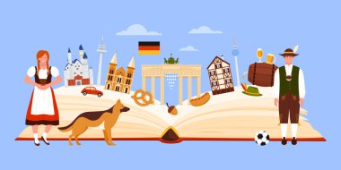 Almanya 'nın kültür unsurları, bilgi kolajında dönüm noktaları ve gıda çalışmaları. Açık Rehber kitabı ve geleneksel elbiseli Alman erkek ve kadın, Oktoberfest festivali karikatür çizimi