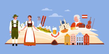 Avusturya 'nın kültür unsurları, dili ve simgeleri bilgi kolajında çalışmaktadır. Dev kağıt rehber kitabı ve Alpler, Avusturyalı insanlar, Mozart ve keman karikatür vektör illüstrasyonunu aç