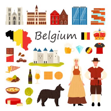 Belçika 'ya seyahat. Brüksel 'in milli kostüm ve binaları, Belçika haritası ve bayrağı, waffle ve çikolata, Gravensteen ortaçağ şatosu ve katedral vektör ilülasyonu
