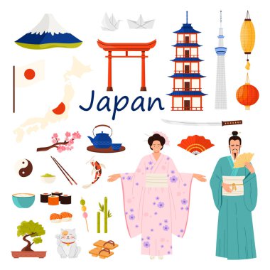 Japonya 'ya bir dizi kültür elementi seyahat edin. Geleneksel kostümlü Japon kadın ve erkek, antik tapınaklar ve Fuji Dağı, samuray kılıcı ve geyşa yelpazesi, harita ve Japon karikatür vektör ilülasyonu bayrağı