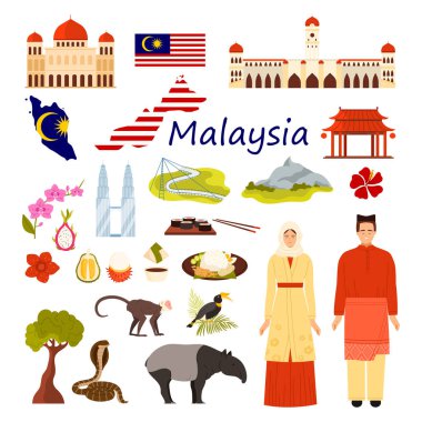 Turizm için Malezya Infographic 'e gidin. Kültür unsurları ve Malezya halkı, Dataran Merdeka binaları, Nasi Lemak pilavı ve satay, Asean Ekonomik Toplum çizgi filmi vektör çizimi
