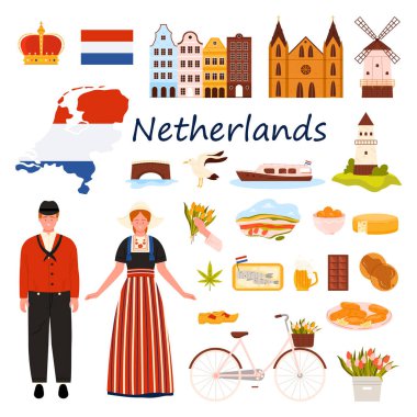 Hollanda 'ya seyahat ayarlandı. Geleneksel elbise, bayrak ve ülke haritası, Hollanda kültür unsurları ve Amsterdam şehrinin tarihi simgeleri, laleler ve peynir çizgi film vektör ilülasyonu