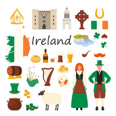 İrlanda 'nın kültür unsurları, yiyecek ve içecek, Aziz Patrick Günü seti. Geleneksel giysili İrlandalılar, arp ve gayda, yeşil yonca, şapka ve cüce çizim çizimleri