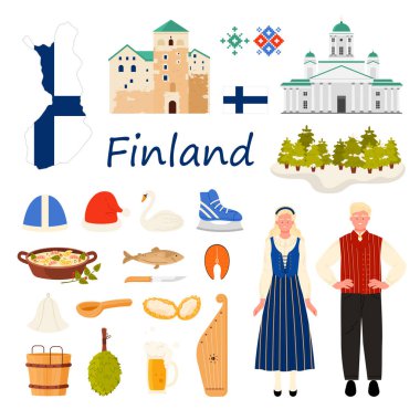 Finlandiya 'ya seyahat ayarlandı. Geleneksel giyimli ve ülke bayrağı desenli haritalı insanlar, Finlandiya Ulusal Tiyatrosu ve Helsinki Katedrali, kış şapkası ve patenleri, kantele çizgi film vektör çizimleri